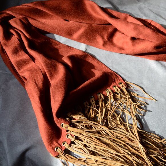 Vintage - Russett Orange - Never 2 Late - Pashmina - Leather Fringe - Shawl. - Picture 2 of 7